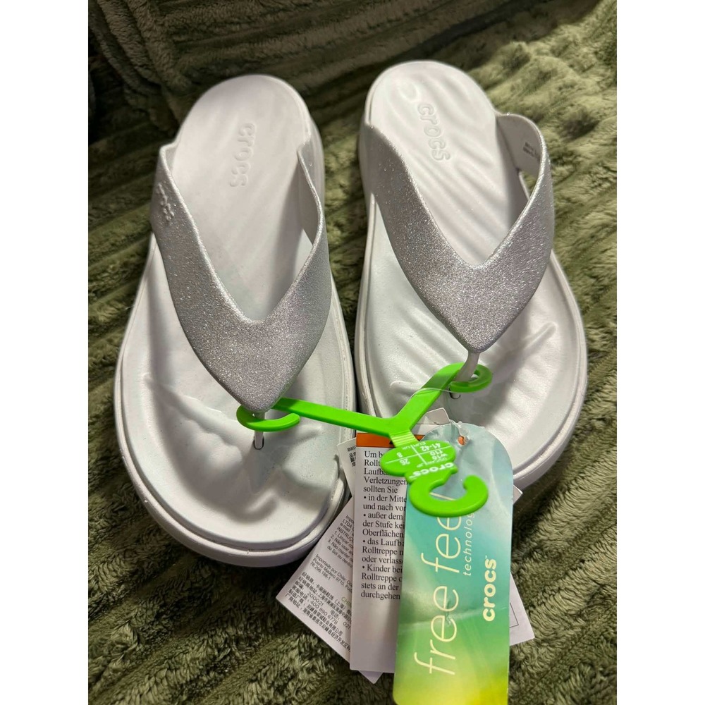 New Crocs 10 Silver Getaway Flip Flop Sandal Free Feel Glitter Sparkle Thong